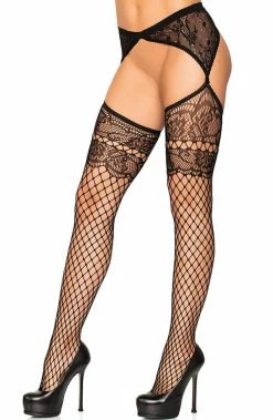 COAXcopenhagen.com Crotchless Black French Lace & Garter Belt Net Pantyhose