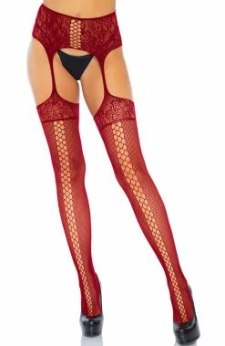 COAXcopenhagen.com Burgundy Suspender Pantyhose With Faux Lace Up Backseam HOSIERY