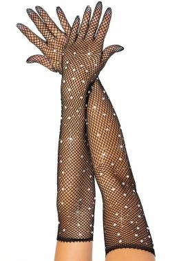 COAXcopenhagen.com ACCESSORIES Black Fishnet Opera Length Gloves With Rhinestones