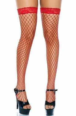 COAXcopenhagen2 Red Fishnet Stockings With Lace Top HOSIERY