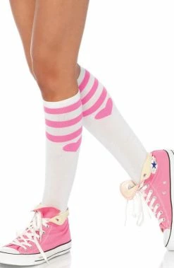 COAXcopenhagen2 HOSIERY White Knee Highs With Pink Stripes