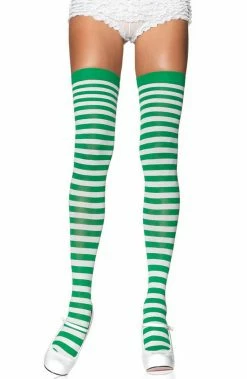 COAXcopenhagen2 Striped Thigh Highs In Green And White HOSIERY