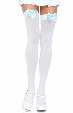 COAXcopenhagen2 HOSIERY White Thigh Highs With Baby Blue Bow
