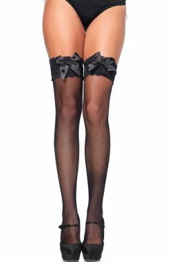 COAXcopenhagen.com Black Fishnet Stockings With Lace Top & Bow HOSIERY