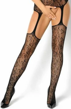 COAXcopenhagen.com Black Suspender Look Bodystocking With Pattern & Net - Irene