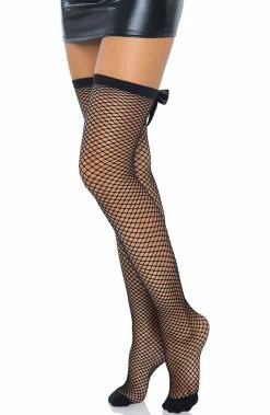 COAXcopenhagen.com Black Net Thigh Highs With Bow & Rhinestone Backseam HOSIERY