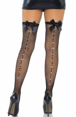COAXcopenhagen.com Black Net Thigh Highs With Bow & Rhinestone Backseam HOSIERY