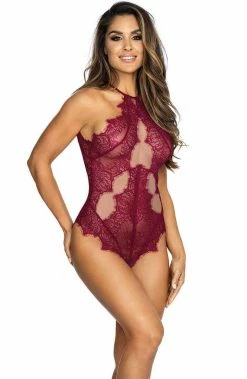 COAXcopenhagen.com Burgundy And See-through Lace Bodysuit - TEMPT