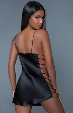 COAXcopenhagen.com Black Satin Nightie With Strappy Side Panels - The SLIP