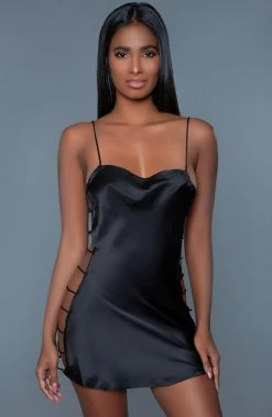 COAXcopenhagen.com Black Satin Nightie With Strappy Side Panels - The SLIP