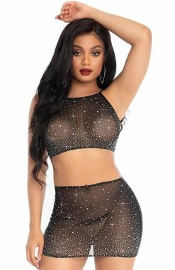 COAXcopenhagen.com LINGERIE Black Sheer Crop Top & Mini Skirt With Rhinestones - With You