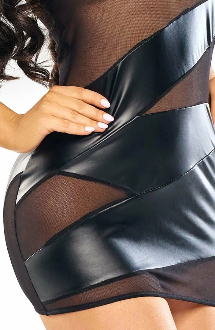 COAXcopenhagen.com Black Wet Look Dress With Sheer Mesh Panels - Kayla LINGERIE