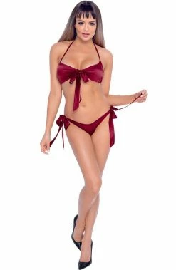 COAXcopenhagen.com Burgundy Red Satin Bow Lingerie Set - Take A Bow