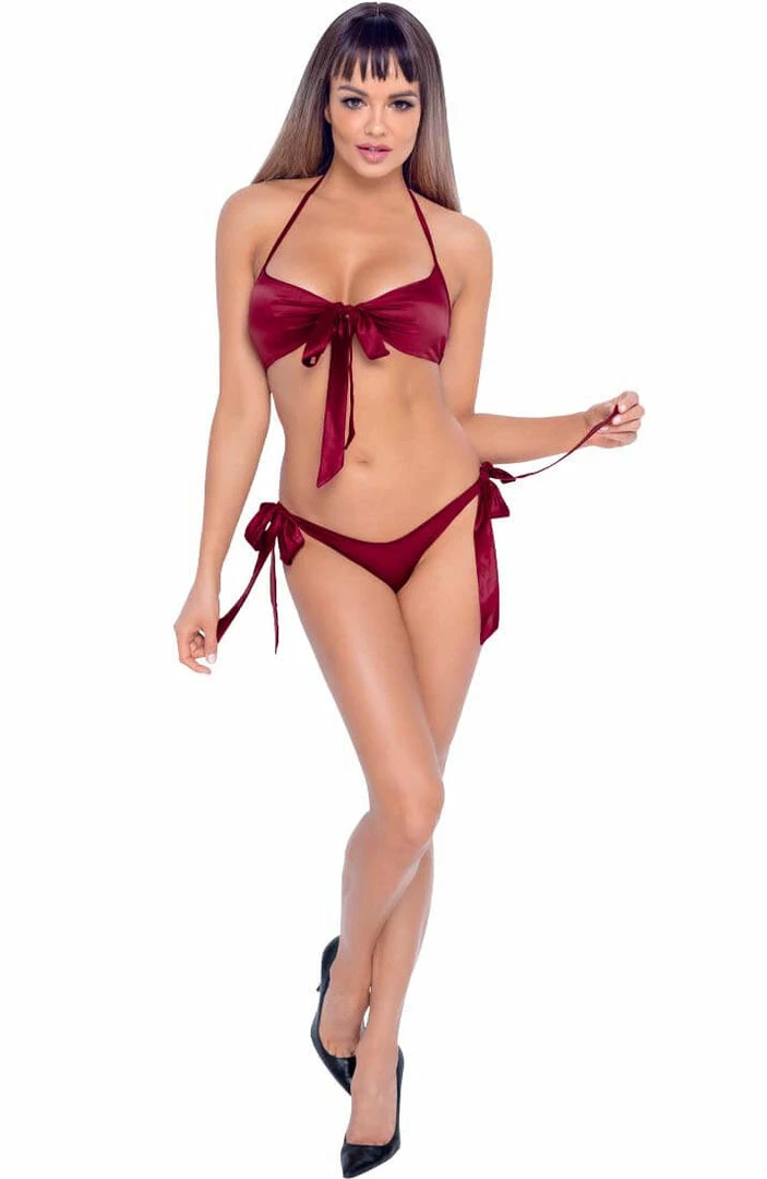 COAXcopenhagen.com Burgundy Red Satin Bow Lingerie Set - Take A Bow