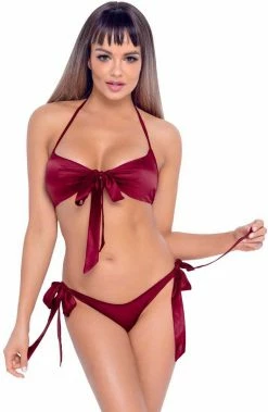 COAXcopenhagen.com Burgundy Red Satin Bow Lingerie Set - Take A Bow