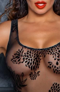 COAXcopenhagen.com Sheer Black Bodysuit With Flock Embroidery - Break The Ice LINGERIE