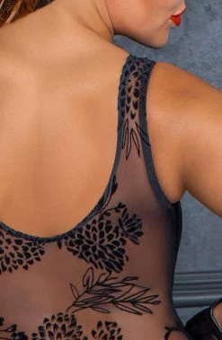 COAXcopenhagen.com Sheer Black Bodysuit With Flock Embroidery - Break The Ice LINGERIE