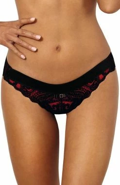 COAXcopenhagen.com Red Thong With Black Flock Embroidery - Vacay Kisses LINGERIE