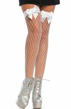 COAXcopenhagen2 White Wide Fishnet Thigh Highs With Bow