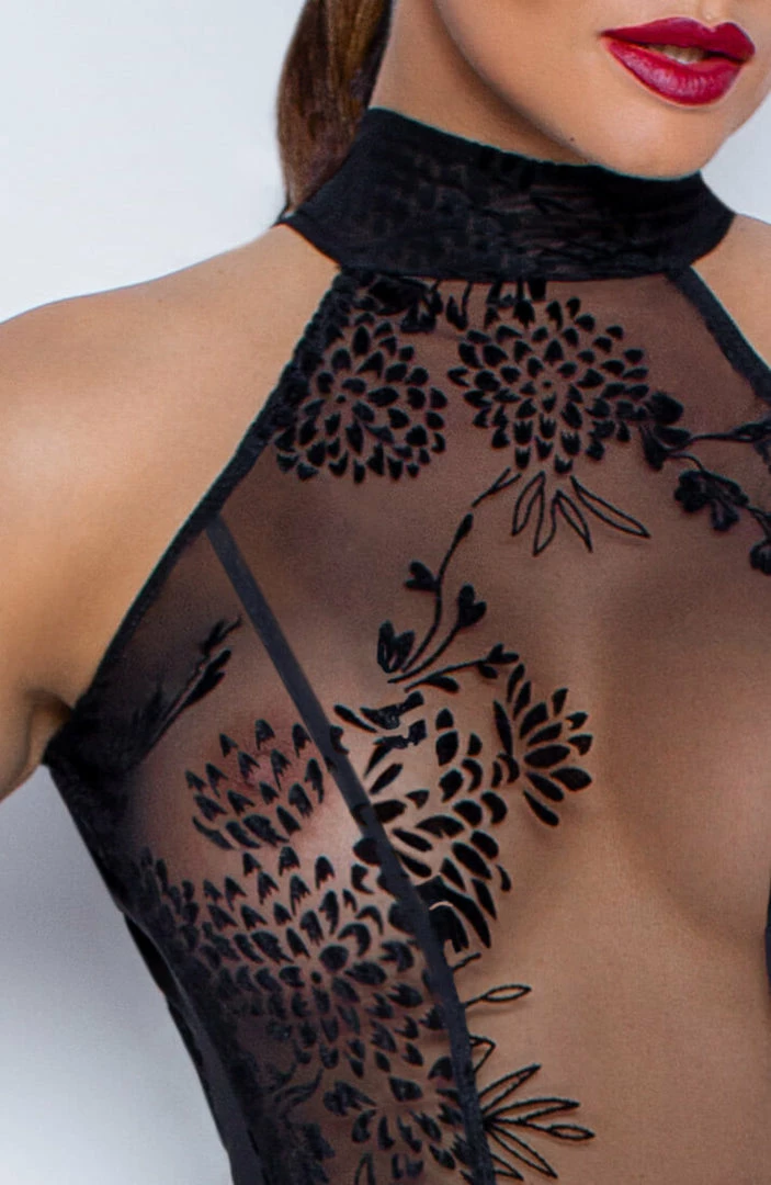 COAXcopenhagen.com Long Sheer Black Dress With Flock Embroidery - The Hook Up Lingerie Dress