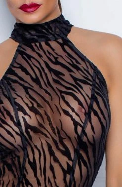 COAXcopenhagen.com Long Sheer Black Dress With Flock Tiger Print - Love Me Down Lingerie Dress