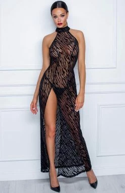 COAXcopenhagen.com Long Sheer Black Dress With Flock Tiger Print - Love Me Down Lingerie Dress