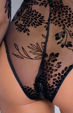 COAXcopenhagen.com Sheer Black Long Sleeve Bodysuit With Flock Embroidery - Amnesia