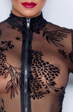 COAXcopenhagen.com Sheer Black Long Sleeve Bodysuit With Flock Embroidery - Amnesia