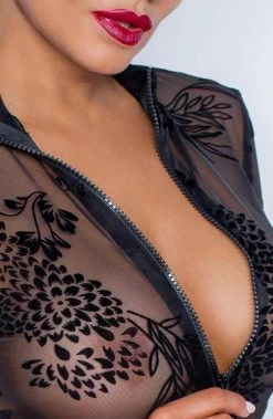COAXcopenhagen.com Sheer Black Long Sleeve Bodysuit With Flock Embroidery - Amnesia