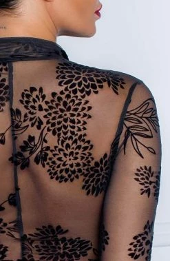 COAXcopenhagen.com Sheer Black Long Sleeve Bodysuit With Flock Embroidery - Amnesia