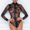 COAXcopenhagen.com Sheer Black Long Sleeve Bodysuit With Flock Embroidery - Amnesia