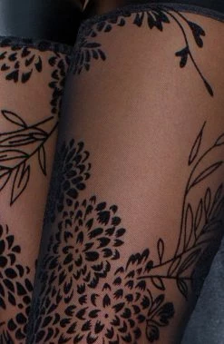 COAXcopenhagen.com Sheer Black Thigh Highs With Flock Embroidery - Piece Of Me The COAX Fetish