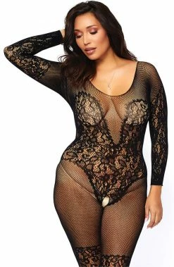 COAXcopenhagen2 Plus Size Lace And Fishnet Bodystocking - Elegant Moments