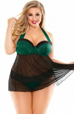 COAXcopenhagen.com LINGERIE Black Plus Size Chemise With Green Lace - Sweet Love