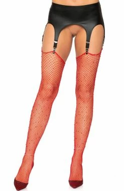 COAXcopenhagen.com Red Fishnet Stockings With Rhinestones HOSIERY