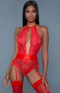 COAXcopenhagen.com Red Suspender Bodysuit - Notice Me