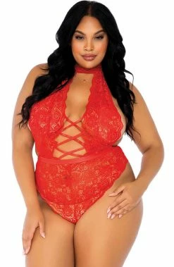 COAXcopenhagen.com LINGERIE Red Crotchless Plus Size Bodysuit - Seduce Me In Red