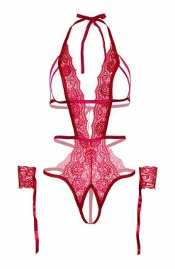 COAXcopenhagen.com Red Crotchless Bodysuit & Wrist Cuffs - Present & Playful
