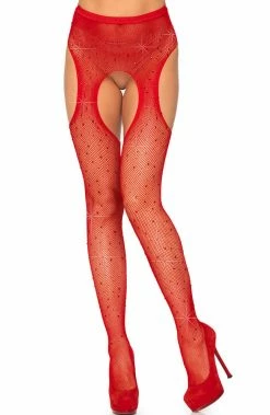 COAXcopenhagen.com Red Crystalized Fishnet Suspender Pantyhose HOSIERY