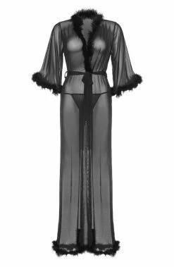 COAXcopenhagen.com Black Robe With Marabou Feather Trim - French Night