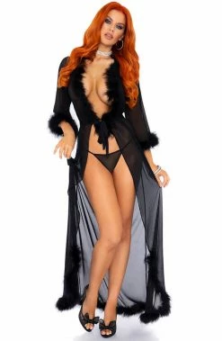 COAXcopenhagen.com Black Robe With Marabou Feather Trim - French Night