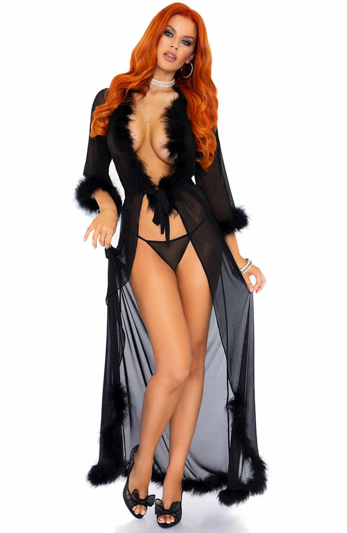 COAXcopenhagen.com Black Robe With Marabou Feather Trim - French Night