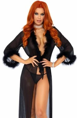 COAXcopenhagen.com Black Robe With Marabou Feather Trim - French Night