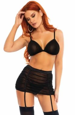 COAXcopenhagen.com Black Mesh Bra Top And Garter Skirt - Rolling Over