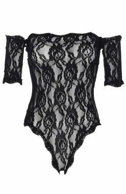COAXcopenhagen2 Black Off The Shoulder Bodysuit - Black Roses LINGERIE