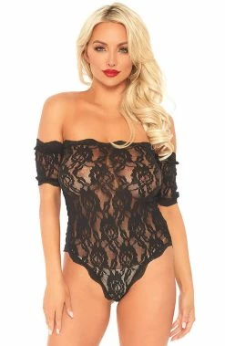 COAXcopenhagen2 Black Off The Shoulder Bodysuit - Black Roses LINGERIE