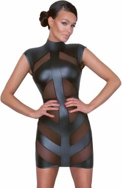 COAXcopenhagen.com LINGERIE Black Wet Look Dress With Sheer Mesh Highlights - Outside The Lines