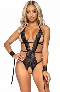 COAXcopenhagen.com Black Crotchless Bodysuit & Wrist Cuffs - No Rules LINGERIE