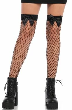 COAXcopenhagen2 HOSIERY Black Wide Fishnet Thigh Highs With Bow