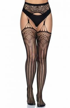 COAXcopenhagen.com Black Deco Net Stockings With Garter Belt HOSIERY